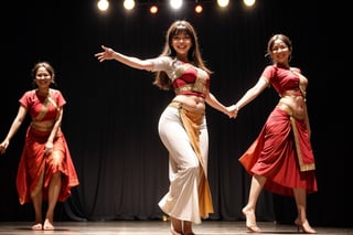 1lady, solo, with long straight hair, asymmetrical bangs, pretty face, burmese, proportional body, smiling, long legs in simple villagers cloth while dancing on the stage at room during evening. dunamic view, (dynamic pose:1.6).

