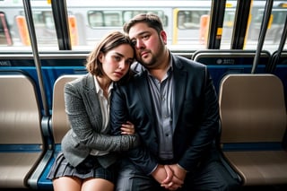 (masterpiece), (extremely intricate:1.3), (realistic), candid portrait of 
((1girl with elegant short wavy brown hair, hazel eyes, elegant girl, moist skin, full lips wearing ornate blazer, collar shirt, short skirt, slender body)). ((1man with handsome face, fat body wearing shirt and trousers)). (((man and girl sitting and side hugging at shuttle bus passager seat))). shuttle bus, crowds scenery, sexy. award winning, cinematic lighting, chainmail, cowboy shoot view.