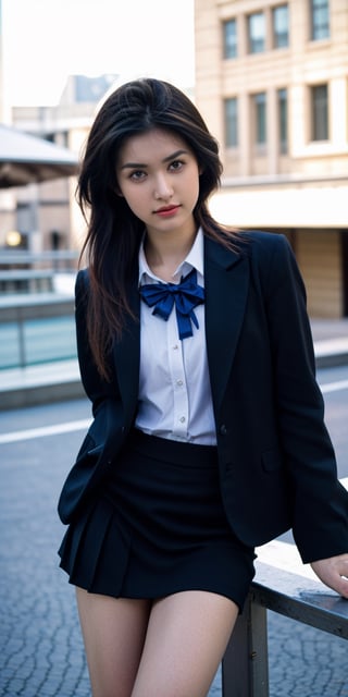 Photo-of-1girl, preteen, mid-parted-hair, silver-accented-black-hair, realistic-detailed-skin, (shiny-skin:0.4), tanned-skin, detailed-eyes, hourglass-body, photo-same-realistic, photo-realism, RAW-Photo, analog-style, analog-photo, ultra-hd-detailed, (((casual))), (((relaxed))), BREAK wearing-naked-school-uniform, naked-blazer, blue-blazer-having-yellow-accent, blue-formal-skirt, bodycon-uniform, remarkable-colors, BREAK Striking Pose, excited-face, main-focus, at-school-gate, soft-natural-lighting, dynamic-viewing-angle, shot-on-Kodak-Vision3-IMAX, miyabi,,<lora:659111690174031528:1.0>