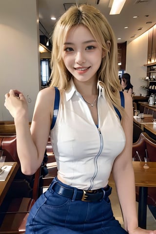 (glamour:1.3) photo of a beautiful smiling (young) woman\(girlfriend\) named Lucy_Heartfilia, (absolute_clevage:0.2), blonde hair, (petite:1.2), better_hands, BREAK wearing white sleeveless shirt with blue linings and collar, fitted, pencil_skirt, tactical_belt, BREAK (upper_body frame), hourglass body shape, (having a dinner_date at a fine_dining_restaurant, dynamic_pose), soft_bounced_lighting, cinematic shot from front_and_side, staring_at_viewer, rule_of_thirds, Fujicolor_Pro_Film,
