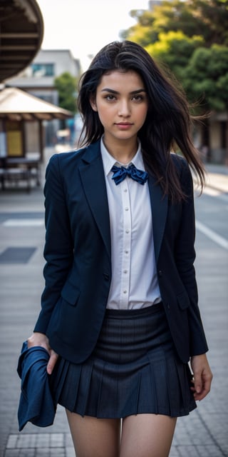 Photo-of-1girl, preteen, mid-parted-hair, silver-accented-black-hair, realistic-detailed-skin, (shiny-skin:0.4), tanned-skin, detailed-eyes, hourglass-body, photo-same-realistic, photo-realism, RAW-Photo, analog-style, analog-photo, ultra-hd-detailed, (((casual))), (((relaxed))), BREAK wearing-naked-school-uniform, naked-blazer, blue-blazer-having-yellow-accent, blue-formal-skirt, bodycon-uniform, remarkable-colors, BREAK Striking Pose, excited-face, main-focus, at-school-gate, soft-natural-lighting, dynamic-viewing-angle, shot-on-Kodak-Vision3-IMAX, miyabi,,<lora:659111690174031528:1.0>