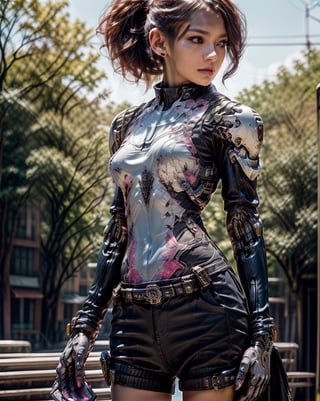 (glamour photography) photo of a colorful_girl_v2, half_ponytail_hairstyle, (ninja amour, Helmet, mecha bodysuit, cybersuit:1.3), (blush:0.9), (goosebumps:0.5), beautiful, masterpiece, photorealistic, remarkable detailed pupils, realistic dull skin noise, visible skin detail, skin fuzz, dry skin, (1girl, solo:2), (petite:1.2), masterpiece, hi-res, hdr, 8k, photorealistic, ultra realistic, ((pretend a goddess posing gravure):1.3), (cowboy shot:1.6), (detailed random outdoor background:1.3), soft bounced lighting, (ray_tracing:1.2), subsurface scattering, {from side|from behind|(shot from a dutch angle:1.4)}, shot on RED camera, RAW cinema photo, (50mm portrait lens:1.2)
