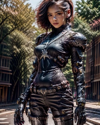 (glamour photography) photo of a colorful_girl_v2, half_ponytail_hairstyle, (ninja amour, Helmet, mecha bodysuit, cybersuit:1.3), (blush:0.9), (goosebumps:0.5), beautiful, masterpiece, photorealistic, remarkable detailed pupils, realistic dull skin noise, visible skin detail, skin fuzz, dry skin, (1girl, solo:2), (petite:1.2), masterpiece, hi-res, hdr, 8k, photorealistic, ultra realistic, ((pretend a goddess posing gravure):1.3), (cowboy shot:1.6), (detailed random outdoor background:1.3), soft bounced lighting, (ray_tracing:1.2), subsurface scattering, {from side|from behind|(shot from a dutch angle:1.4)}, shot on RED camera, RAW cinema photo, (50mm portrait lens:1.2)