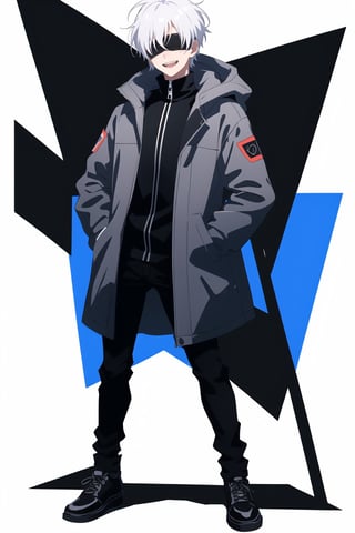 solo, smile, short hair, open mouth, simple background, long sleeves, 1boy, white background, standing, jacket, full body, white hair, male focus, shoes, pants, black footwear, grin, black jacket, black pants, facing viewer, high collar, hands in pockets, blindfold, covered eyes, black blindfold, gojou satoru