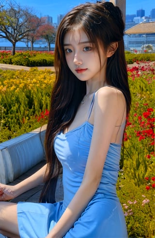  (Best Quality, 8K, ultra-detailed, Masterpiece: 1.3),  1girl, solo, smiling, looking at viewer, blue eyes, smile, long hair, park, bow tie, (black hair:1.3), blue eyes, side updo hairstyle, sitting in a field of Lycoris flowers,colorful_girl_v2,realhands,Camisole dress