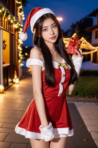 girl dressed in Christmas costume, night, Santa Claus, gifts, high quality, girl, blue eyes, 1 man, beautiful girl