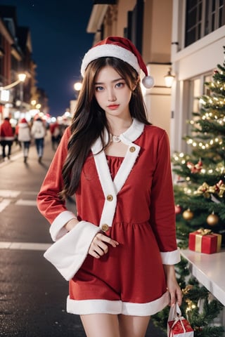 girl dressed in Christmas costume, night, Santa Claus, gifts, high quality, girl, blue eyes, 1 man, beautiful girl
