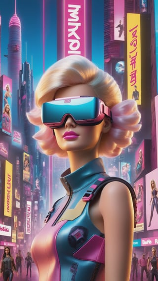 giant screen of barbie the doll poster on buildings,  wearing VR Headset,  Cyberpunk 2077,  Blade Runner cityscapes,  featuring