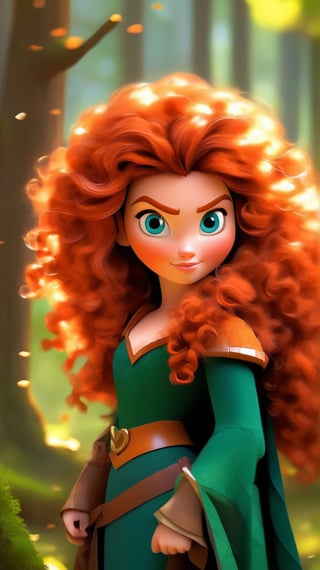 masterpiece, best quality, expressive eyes, perfect face, big eyes, looking at viewer, large breast, big breast, small waist, , Best Quality, Realistic, perfect figure, highly detailed, showing cleavage, dressed as merida from brave, Red curly hair, big hair, blue eyes, Green outfit, in the forest, detailed dress, freckles on her face, cheek blush, big puffy hair, very curly hair,Pixel art