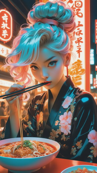 Anime artwork,  rococo,  grand photograph,  polaroid,  annoyed girl eating Chinese food with chopstick,  neon glowing hair,  canon 5d mark 4,  neon light,  kodak ektar,  flamboyant,  pastel colors,  curved lines,  elaborate detail,  rococo,  art by Makoto Shinkai,  art by J.C. Leyendecker