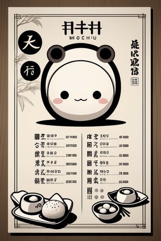 The ((detailed menu:1.2)) of the Japanese restaurant Mochi, the restaurant is named after the cartoon character of the Japanese dessert Mochi with big cute eyes, around the perimeter there is an inscription with the name of the restaurant "Mochi", Japanese engraving style, monochrome, design by Katsushiki Hokusai, minimalism, super realistic, 4k resolution,