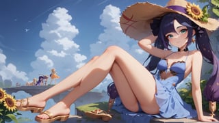 score_9, score_8_up, score_8_up, rating_safe, 4RCH0N, Expressiveh, ear piercings, cliff background, looking at viewer, shiny skin,mona_(genshin_impact), genshin_impact, 1girl, black_hair, green_eyes, stockings, sundress, straw_hat, sandals, sunflowers