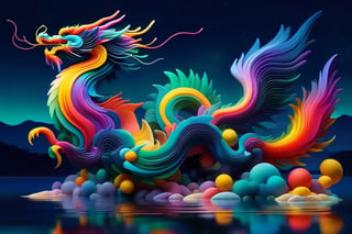 abstrgn style dragon, minimalistic colourful organic forms, energy assembled, layered, depth, alive vibrant, 3D, abstract, full body, no humans, powerful claws, majestic tail, sweeping intricate horns, wings, magical floating particles, eastern dragon, floating over water, night time, lake background, moonlight shadow