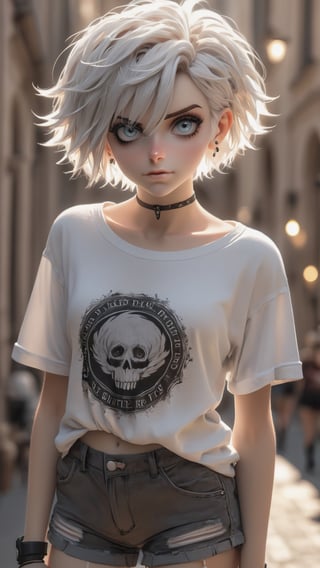 full body photo, 1girl, beautiful short shorts, short t-shirt, depth of field, rtx, short white hair, detailed hair, detailed eyes