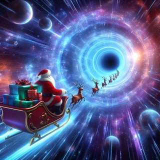 create a (32k masterpiece, best quality:1.4) mystical, Fantastical, photorealistic image of santa claus & sleigh delivering presents in the middle of orions belt being sucked backwards in to a digital neon matrix wormhole, his body is being stretched by space-time physics, ((perspective shot viewing santa from front being sucked away from view:1.3)), and stretched to vanishing point inside the event horizon 