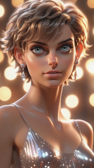 full body shot, 1girl, upper body, navel, short hair, detailed eyes, Perfect features, (masterpiece), (best quality), moist skin, shiny skin, glossy skin, (good quality), intricate details, earrings, Ray Tracing, (See-through), (Bokeh), (Depth of field),