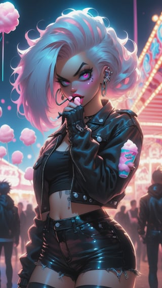 Anime artwork. A Woman eating cotton candy at a fair,  white long hair,  an updo hairstyle with sidelocks,  she has multiple piercings on ears,  punk,  leather jacket,  crop top,  fishnet gloves,  black nails,  black lips,  shorts,  see-through bodysuit,  neon light