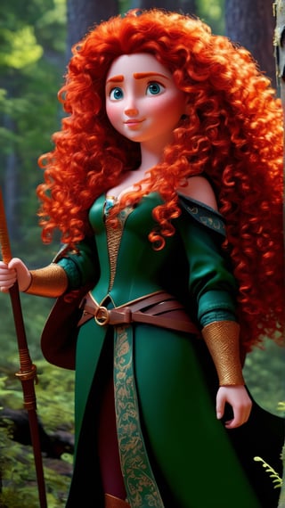 masterpiece, best quality, expressive eyes, perfect face, big eyes, looking at viewer, large breast, big breast, small waist, , Best Quality, Realistic, perfect figure, highly detailed, showing cleavage, dressed as merida from brave, Red curly hair, big hair, blue eyes, Green outfit, in the forest, detailed dress, freckles on her face, cheek blush, big puffy hair, very curly hair,Pixel art