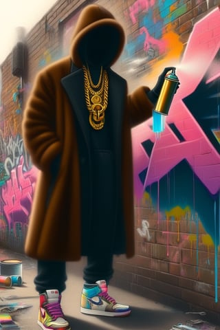 electricboogaloostyle, no face, solo, jewelry, standing, full body, shoes, pants, hood, necklace, coat, mask, chain, sneakers, hands in pockets, paintbrush, brick wall, paint splatter, gas mask, paint, chain necklace, gold chain, graffiti, spray can