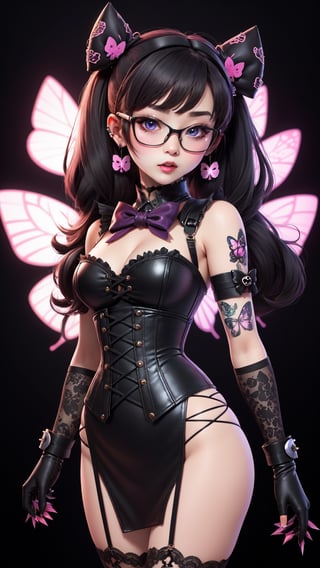 1girl, Velma Dinkley as a Catholicpunk cute goth girl in a fusion of Japanese-inspired Gothic punk fashion, glasses, skulls, goth. black gloves, tight corset, black tie, incorporating traditional Japanese motifs and punk-inspired details,Emphasize the unique synthesis of styles, flowers, butterflies, score_9, score_8_up ,heavy makeup, earrings, Lolita Fashion Clothes, kawaii, hearts ,emo, kawaiitech, dollskill,chibi, score_7_up,Eyes,3DMM,ravdn