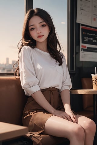 realistic, (masterpiece, best quality:1.2), beautiful and aesthetic, hires, bokeh, depth of field, HDR, godray, golden hour, (dusk),
1girl, sitting in a cafe, boba milk tea, smiling,
Long hairs, glossy coral lips, brunette, brown eyes,