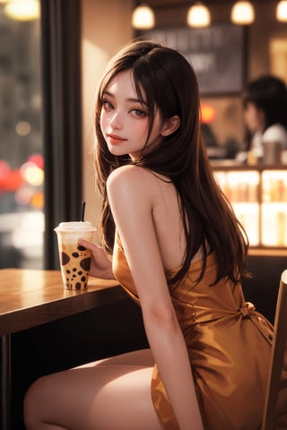 realistic, (masterpiece, best quality:1.2), beautiful and aesthetic, hires, bokeh, depth of field, HDR, godray, golden hour, (dusk),
1girl, sitting in a cafe, boba milk tea, smiling,
Long hairs, glossy coral lips, brunette, brown eyes,