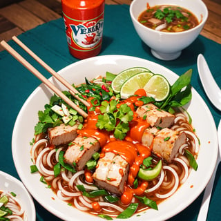 food, food focus, a pho bowl with vetables on a plate, hot sauce, 