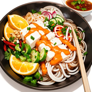 food, food focus, a pho bowl with vegetables on a plate, hot sauce, 