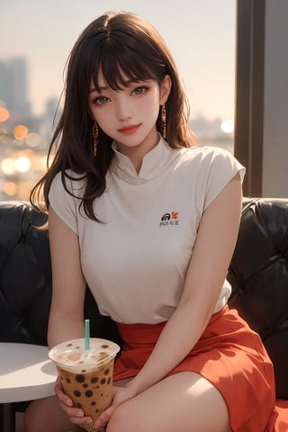 realistic, (masterpiece, best quality:1.2), beautiful and aesthetic, hires, bokeh, depth of field, HDR, godray, golden hour, (dusk),
1girl, sitting in a cafe, boba milk tea, smiling,
Long hairs, glossy coral lips, brunette, brown eyes,