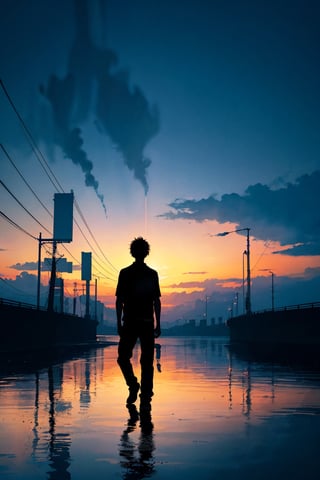 nighttime, dark, (silhouette:1.3), 1boy, looking at the sky, ((rain)), bridge, river, sad,