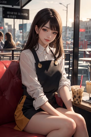 realistic, (masterpiece, best quality:1.2), beautiful and aesthetic, hires, bokeh, depth of field, HDR, godray, golden hour, (dusk),
1girl, sitting in a cafe, boba milk tea, smiling,
Long hairs, glossy coral lips, brunette, brown eyes,