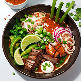 food, food focus, a pho bowl, brisket, hot sauce, spring onion, pepper, vegetables