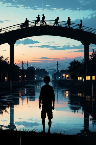 nighttime, dark, (silhouette:1.3), 1boy, looking at the sky, ((rain)), bridge, river, sad,