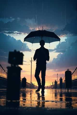 nighttime, dark, (silhouette:1.3), 1boy, looking at the sky, ((rain)), bridge, river, sad, ((movie poster))