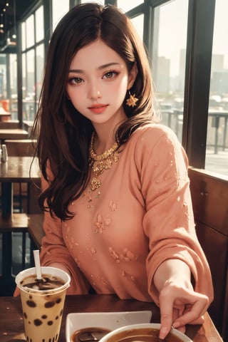 realistic, (masterpiece, best quality:1.2), beautiful and aesthetic, hires, bokeh, depth of field, HDR, godray, golden hour, (dusk),
1girl, sitting in a cafe, boba milk tea, smiling,
Long hairs, glossy coral lips, brunette, brown eyes,