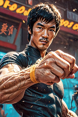 Best quality, high-res, highly detailed cyberpunk-style caricature of martial artist Bruce Lee., ignited with a brilliant spark of creation, the light of inner living radiating to the world, birds in the background and  in the foreground blowing leaves, rendered in a stylistic and detailed illustration, prismatic, neuron art, illuminated, photorealistic
