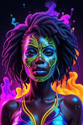 bold neon colors, cartoon style illustration of a woman african with mask sees the world while experiencing hallucinations, stoned, splash art, splashed neon colors, (iridiscent glowy smoke) ((motion effects)), best quality, wallpaper art, UHD, centered image, MSchiffer art, ((flat colors)), (cel-shading style) very bold neon colors, ((high saturation)) ink lines, psychedelic environment