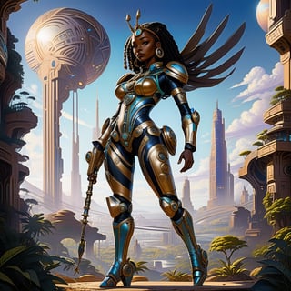 Hyper-realistic oil painting of an African woman goddess  with braided hair adorned with futuristic metal beads, glowing tattoos on her skin representing tribal heritage intertwined with technology. She's wearing a suit made of advanced materials that shimmer with iridescent colors and armored components, holding a high-tech spear as a symbol of her authority and defense mechanism.

The African Goddess rides on her four-legged metallic robot horse, which possesses a sleek silver and black exoskeleton, advanced sensors on its head, and silent joints allowing for smooth movement. The saddle is ergonomically designed, integrating with her suit, displaying HUD (Heads-Up Display) and navigation.

The background showcases an expansive vista of the crumbling ruins of a vast city, which is a mix of organic and alien architecture with towering spires, arches, and floating platforms. The structures appear to be made of unknown materials, glowing in places, with inscriptions and symbols hinting at a lost language. The sky is a cascade of purples and blues, indicating dusk, with two or three distant moons or planets in the sky.

In the foreground, a forgotten statue of an alien being, covered in moss and lichen, stands as a testament to the former inhabitants of this city. Deserted roads, overgrown with vegetation, lead into the horizon. Mysterious flying creatures hover in the sky, casting shadows.

The painting captures the contrasting ambiance of hope and desolation, with the explorer and her steed as symbols of resilience and progress amidst the remnants of a long-forgotten past.

Camera settings (if this was a photograph): Nikon D850, 50mm prime lens, ISO 100, f/8, 1/250 sec, with a slight vignette to emphasize the explorer and her steed.

