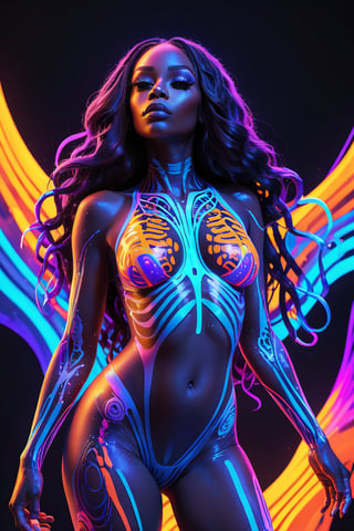 bold neon colors, cartoon style illustration of a African woman with flowing hair poses in a luminous, transparent bodysuit that mimics a skeleton, glowing in bright neon colors like blue, purple, and orange. The suit highlights her figure with intricate, light-up patterns against a dark background, creating a sci-fi aesthetic.experiencing hallucinations, stoned, splash art, splashed neon colors, (iridiscent glowy smoke) ((motion effects)), best quality, wallpaper art, UHD, centered image, MSchiffer art, ((flat colors)), (cel-shading style) very bold neon colors, ((high saturation)) ink lines, psychedelic environment