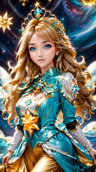 Hasilkan photo real version dari karakter ((Rosalina)) yg berasal dari Video Games, wajah European Girl, Rosalina tampil dengan busana Star Dress, mata warna cyan eyes, nama model rambutnya klo kata org bule (large bang of her hair covers her right eye), star fragment cover, star galaxy background, mahkota crown princess dengan yellow star jewel, expression cute dan centil bak mempesona, tampak utuh full body, tampilan gemoy feminine, photo ini harus terlihat seperti di photo studio dan diambil oleh the best cameraman terbaik seantero jagat untuk menghasilkan komposisi gambar yang memuaskan setiap mata yang melihatnya. 
"hahahaha... I love Indonesia" :p