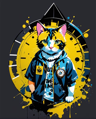 animal, animal focus, black background, cat, clock, clock tower, dog, hands in pockets, jacket, looking at viewer, no humans, paint splatter, simple background, solo, splatter, tower, tshirt design, upper body