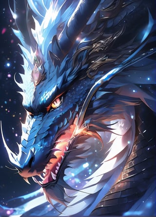 masterpiece, best qualityultra-realistic mix fantasy,(1 giant eastern dragon:1.3) behind an asian woman holding a glowing sword,void energy diamond sword, in the style of dark azure and light azure, mixes realistic and fantastical elements, vibrant manga, uhd image, glassy translucence, vibrant illustrations, ultra realistic, long hair, straight hair, light purple hair,head jewelly, jewelly, shawls,light In eyes, red eyes, portrait, firefly, bokeh, mysterious, fantasy, cloud, abstract, colorful background, night sky, flame, very detailed, high resolution, sharp, sharp image, 4k, 8k, masterpiece, best quality, magic effect, (high contrast:1.4), dream art, diamond, skin detail, face detail, eyes detail, mysterious colorful background, dark blue themes