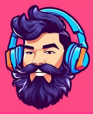 1boy, beard, black hair, facial hair, headphones, male focus, mascot logo, mustache, solo, upside-down