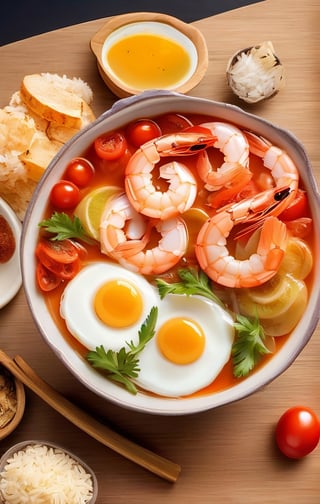 masterpiece, best qualitybowl, egg, food, food focus, fruit, meat, no humans, onion, plate, rice, shrimp, simple background, soup, still life, tomato, vegetable, white background