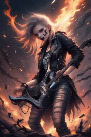 Heavy metal,  biker chick with chains and spikes,  ferocious expression,  powerful female rock star,  black leather,  dressed in black leather jacket and torn jeans,  dark eyeliner and black lipstick,  heavy music,  fierce woman,  standing tall,  epic guitar solo,  guitar on fire,  woman solo electric guitar,  female guitarist of metal,  woman playing the guitar,  electric guitar made of metal,  flames on stage,  female rocker playing a concert,  anime style
