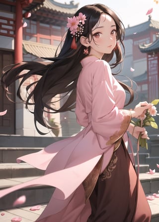 masterpiece, best quality1girl, black hair, blurry, blurry background, brown hair, chinese clothes, closed mouth, dress, earrings, facial mark, falling petals, flower, forehead mark, from side, hair ornament, holding, holding flower, jewelry, long hair, long sleeves, looking at viewer, petals, pink dress, solo, stairs, upper body