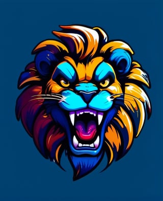 blue background, blue theme, fangs, lion, looking at viewer, mascot logo, no humans, open mouth, solo, teeth, tongue