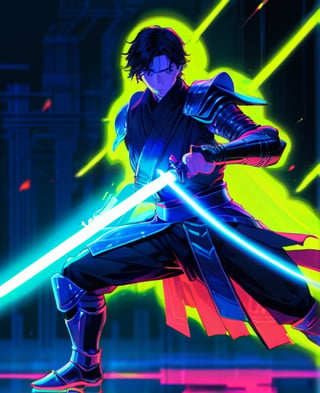 1boy, armor, energy sword, glowing, glowing sword, glowing weapon, holding, lightsaber, loincloth, male focus, neon style, solo, sword, weapon