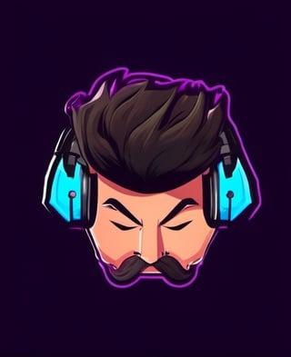 1boy, beard, black hair, facial hair, headphones, male focus, mascot logo, mustache, solo, upside-down