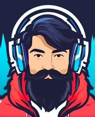 1boy, beard, black hair, facial hair, headphones, male focus, mascot logo, mustache, solo, upside-down